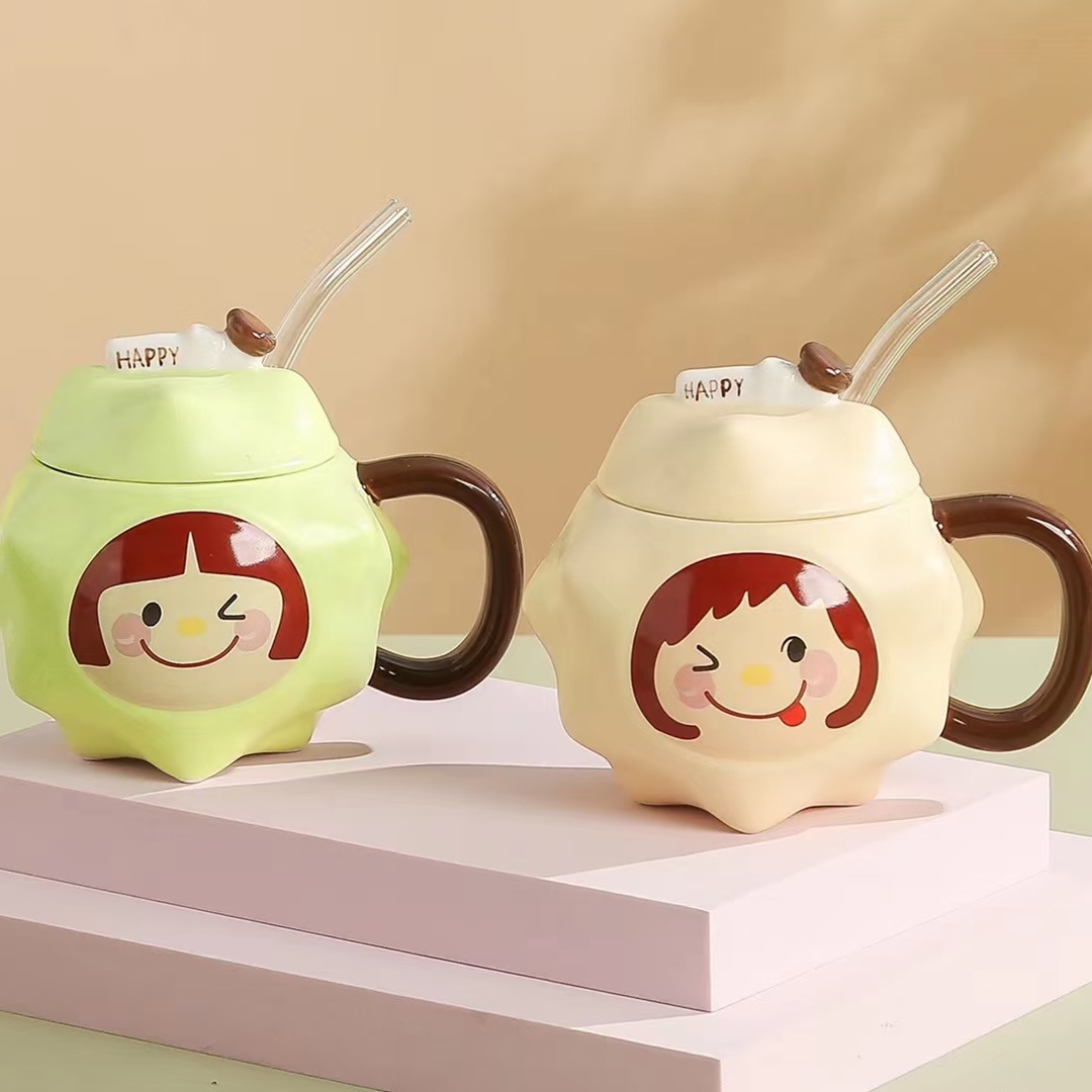 Creativo lindo Durian taza chica paja taza de agua personalidad de alto aspecto taza de desayuno de cerámica taza de oficina