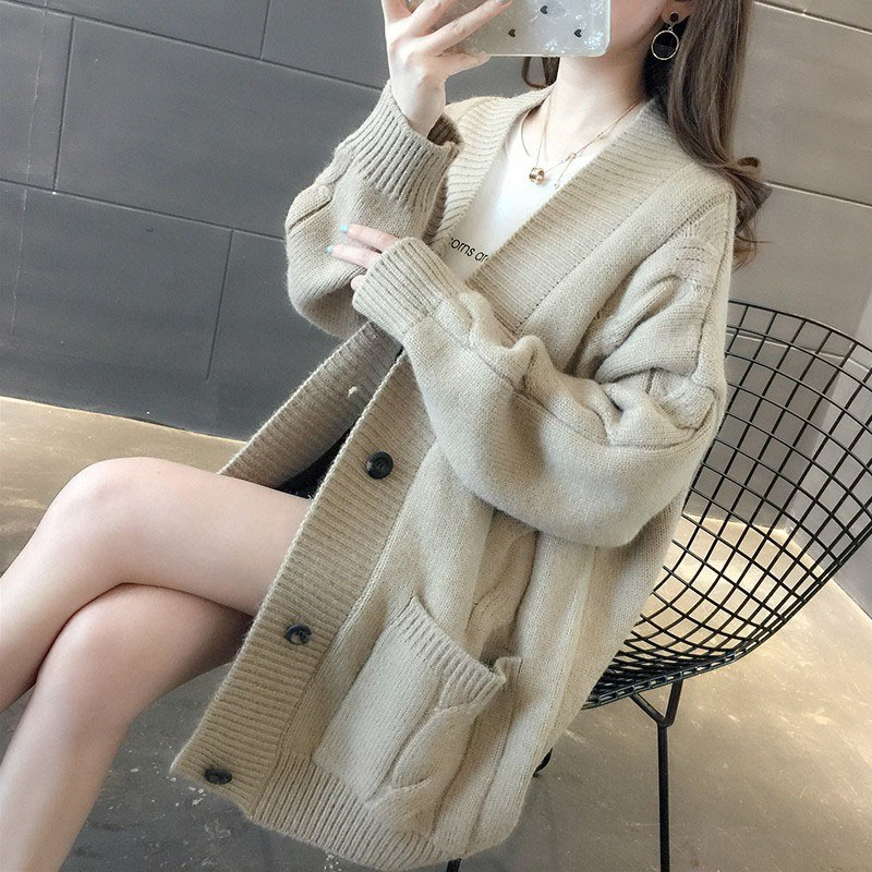 春秋新款慵懒风V领麻花针织衫宽松外穿女装开衫V领百搭毛衣外套潮|undefined