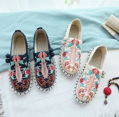 大理の新しいミルレイヤー布底ロックエッジコットンリネンバックルサマーラウンドトゥシューズ、女性用ローカットフラットヒールリネンブルー布靴