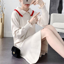 秋冬新款POLO领加厚针织连衣裙女学生韩版宽松学院风鱼尾裙毛衣女