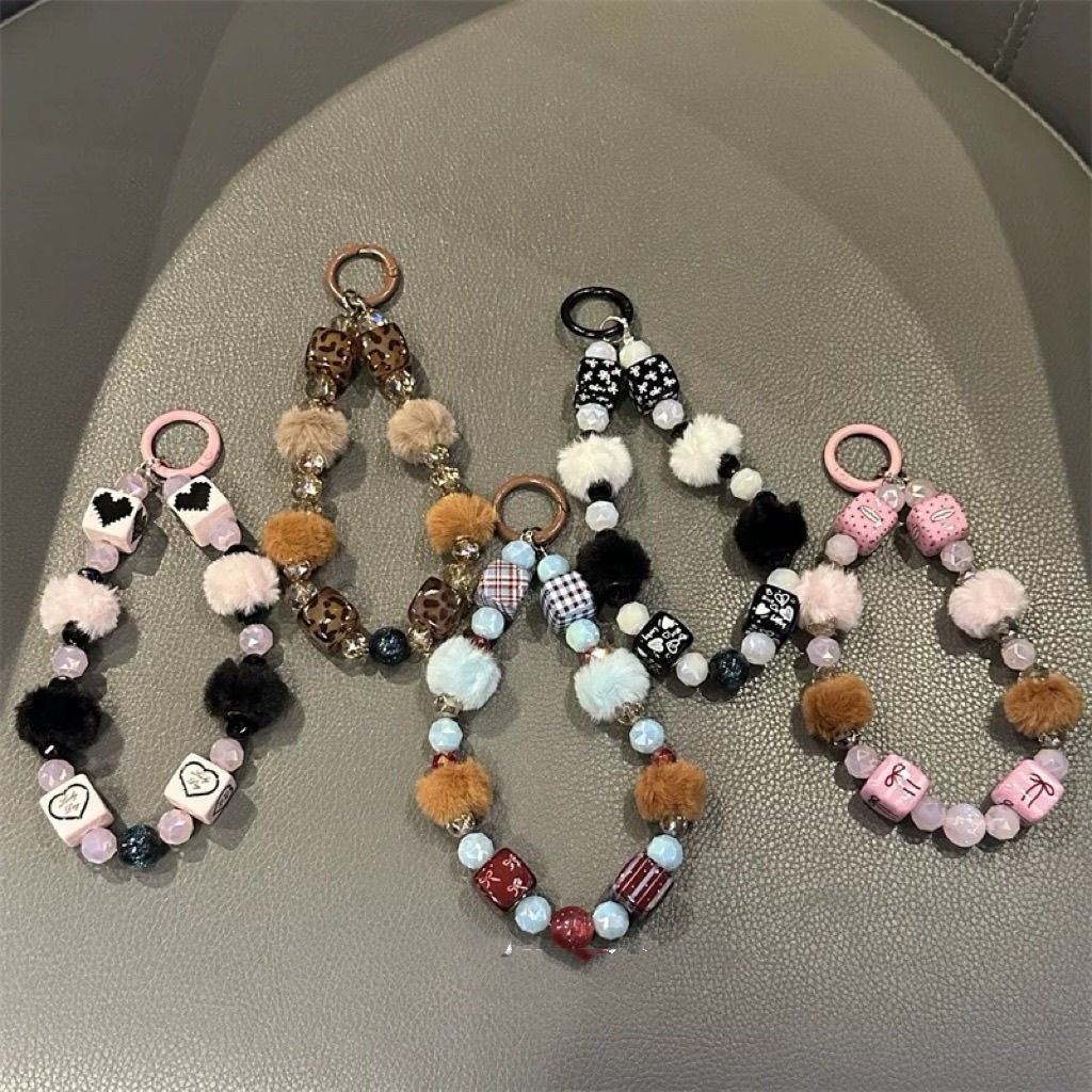 Autumn and Winter Creative Plush Hand-Painted Beaded Mobile Phone Chain Lanyard Keychain Bag Pendant Headphone Satchel Pendant