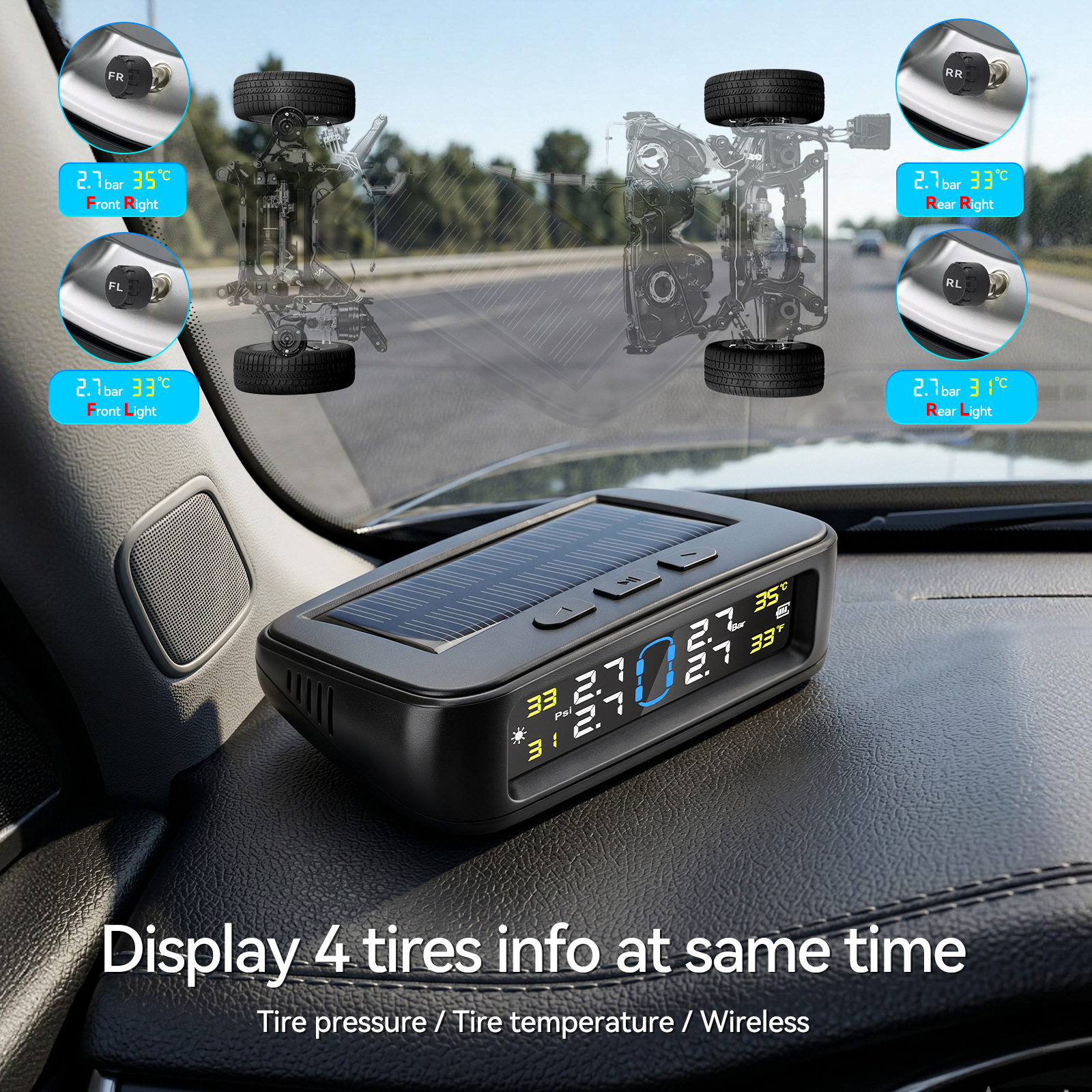 Woliip Solar Tpms Car Tire Pressure Monitoring System Wireless Sensor High-Precision Digital Display