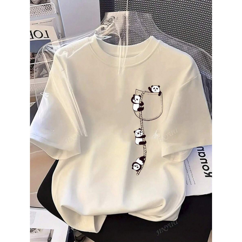 Cross-Border Hot Style Cute Pet Panda Climbing Rope Women's T-Shirt Soft Cute Girly Style Loose Short-Sleeved Top Casual
