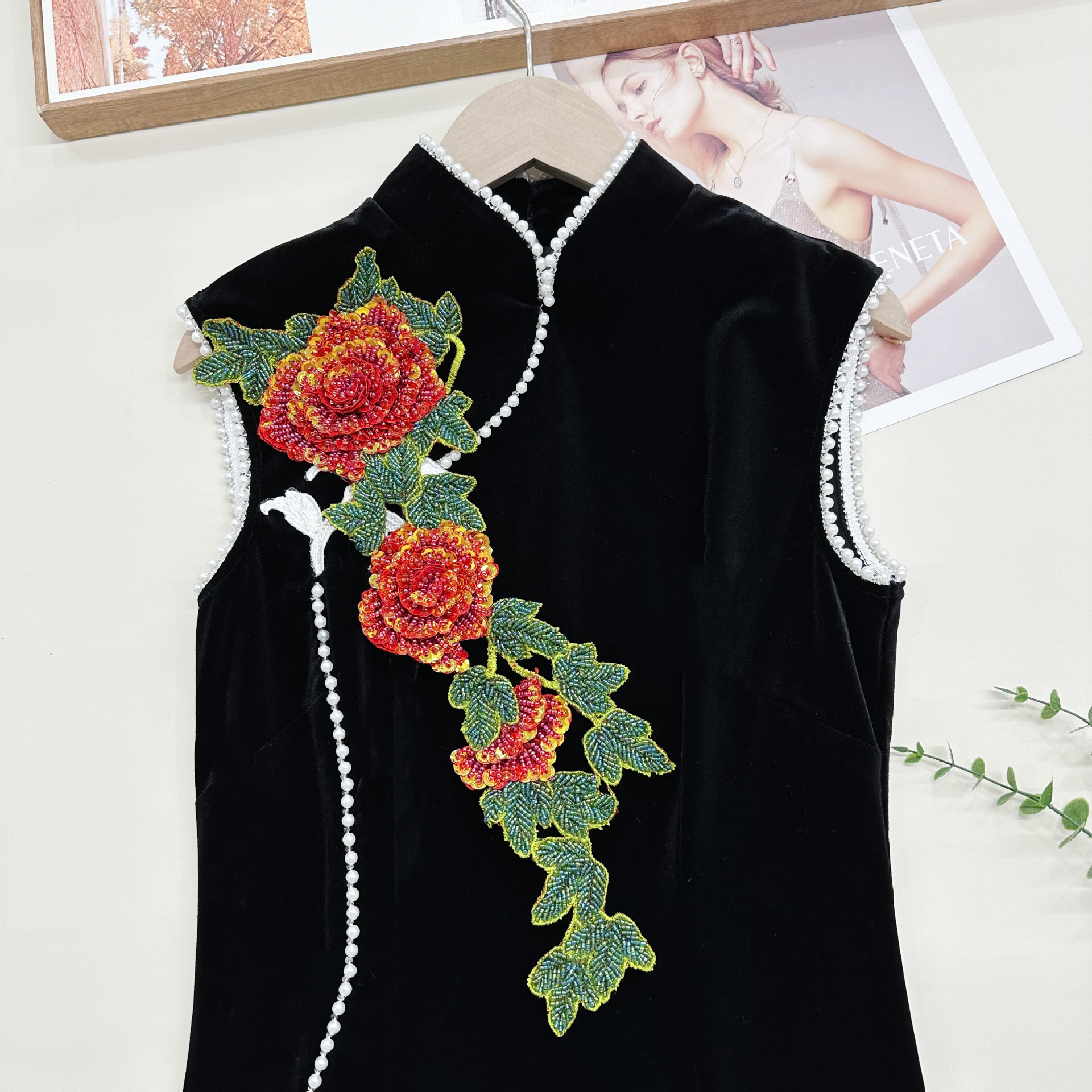 Nuevo bordado de peonía larga vestido de boda de mujer cheongsam decoración de collar parche de flores cuentas tridimensionales image 5