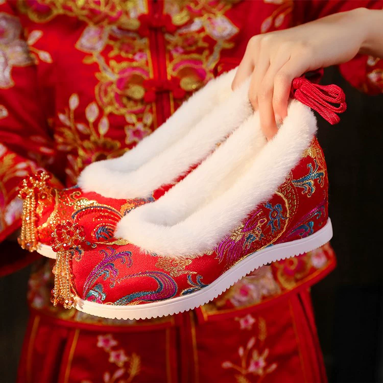 (Jinlong 6- см) зимние свадебные туфли Xiuhe в китайском стиле, свадебные туфли с вышивкой на флисовой подкладке и туфли династии Хань в старинном стиле увеличенной высоты