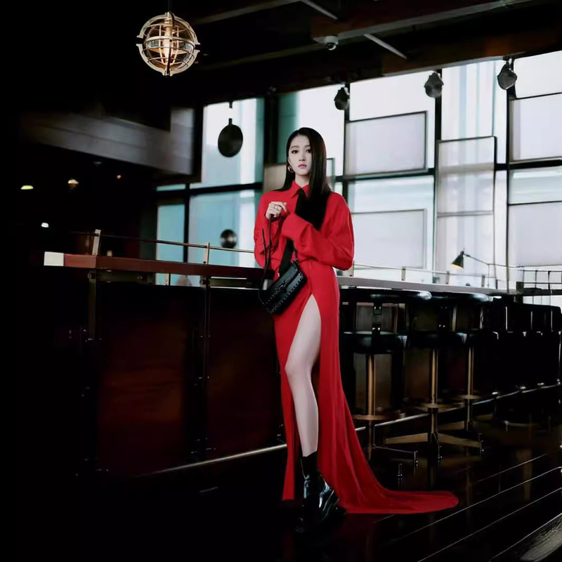 2024 spring new elegant draping solid color dress tie shirt dress women's sexy split jumpsuit dress