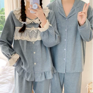 韩国ins女新款情侣睡衣韩版宽松格子磨毛花边长袖休闲家居服套装