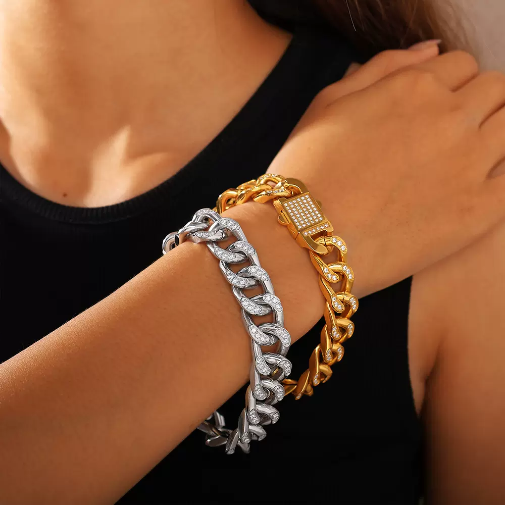 欧美跨境时尚嘻哈风古巴镶锆石手链不锈钢镀18K金高品质重工手链