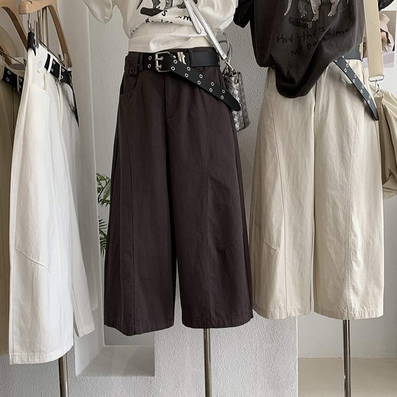 Kekezoon High-Waisted Cropped Wide-Leg Pants Summer Thin Loose Slimming Versatile Solid Color Straight Pants 7681