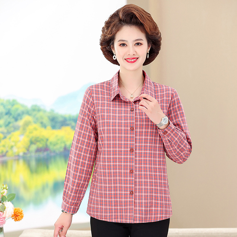Mom's Summer Outfit: Seven-Quarter Sleeve Pure Cotton Plaid Shirt, Stylish Top for Middle-Aged Women, Grandma's Shirt, Elderly Women's Set Mom's Summer Outfit: Seven-Quarter Sleeve Pure Cotton Plaid Shirt, Stylish Top for Middle-Aged Women, Grandma's Shirt, Elderly Women's Set