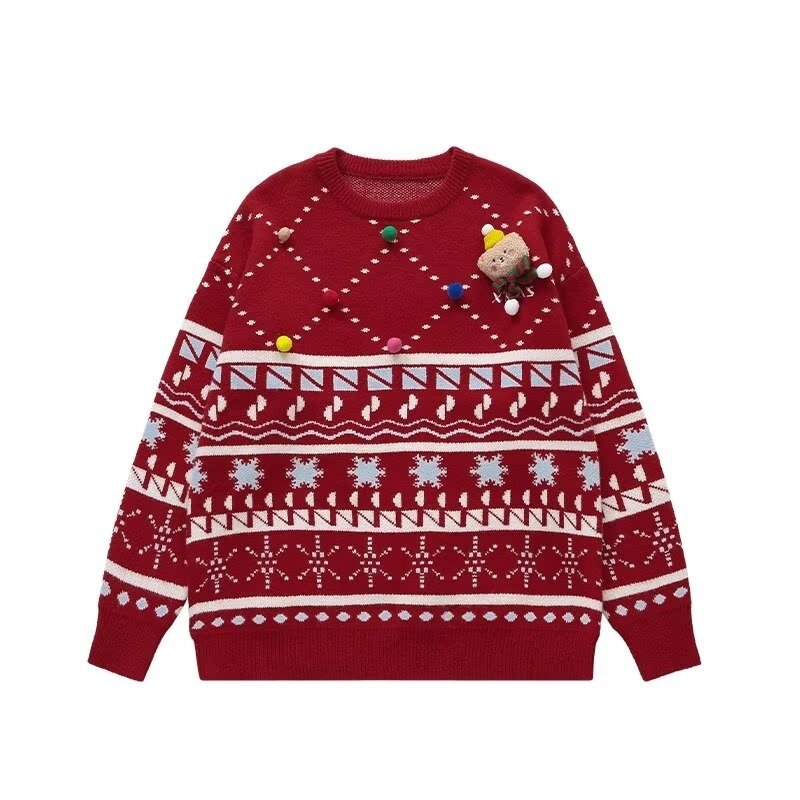 Men's Clothing National style trendy men and women long sleeved round neck pullover sweater knitted sweater red autumn and winter couple tops_voghion.com