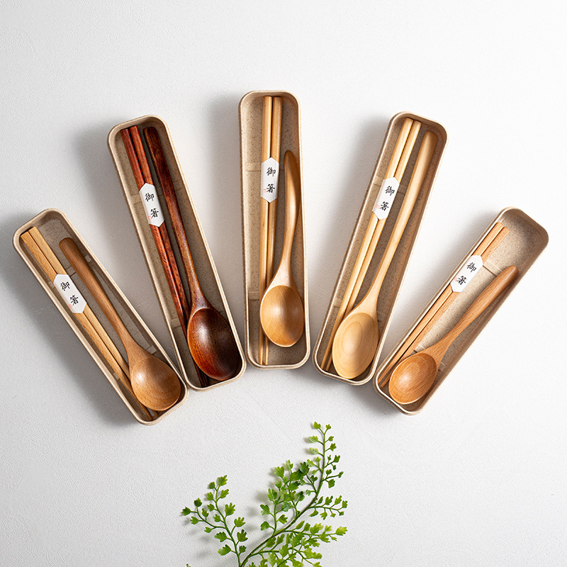 Japanese-style wooden tableware outdoor travel portable chopsticks, wooden spoons, office workers and students lunch spoons, wheat box set