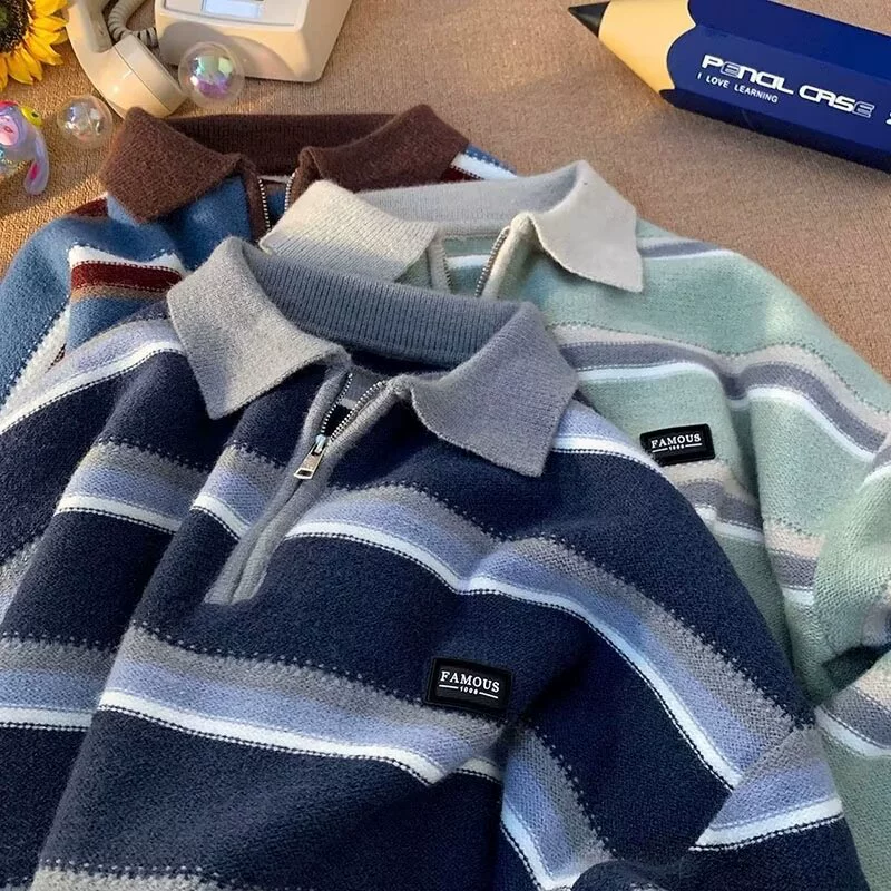 Японский винтажный свитер в полоску поло