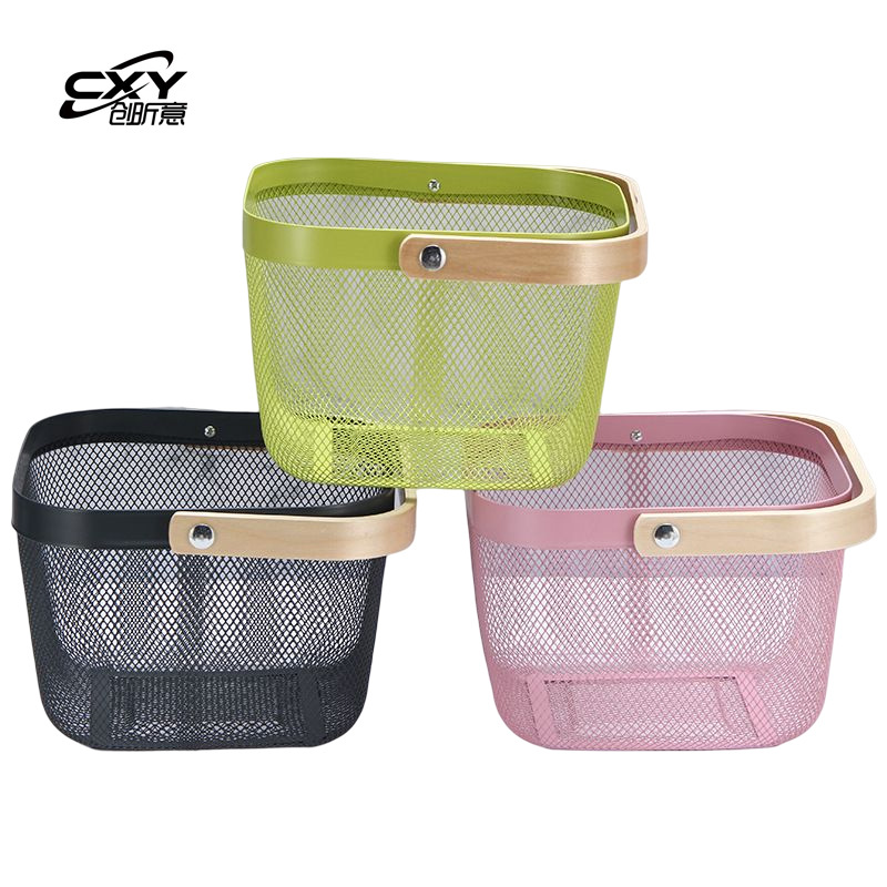 Home Square Thick Stainless Steel Fruit Basket Wooden Handle Portable Washing and Drain Basket Kitchen Utensils Storage Basket Wholesale