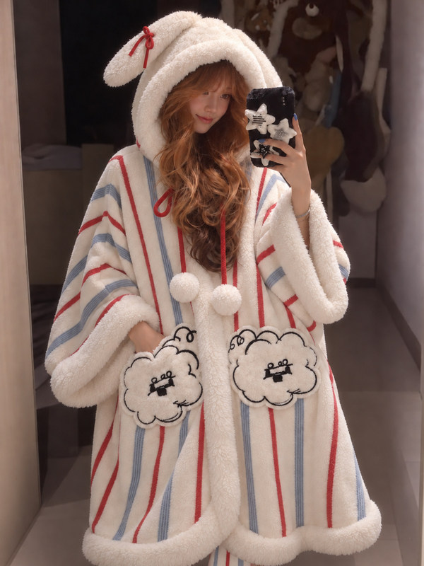 Cute hooded cape women's winter coral fleece thickened and padded set striped loose pajamas loungewear