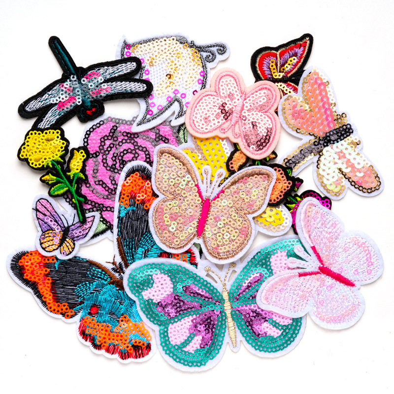 高品質スパンコール刺繍蝶と花コンピュータ刺繍蝶とトンボ刺繍布ステッカー衣類アクセサリー装飾パッチステッカー|undefined