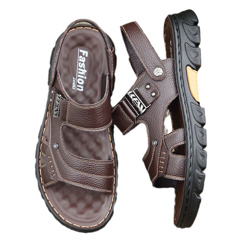 Dép sandal nam da bò hở ngón chống trượt đế dày mềm — nâu, đen