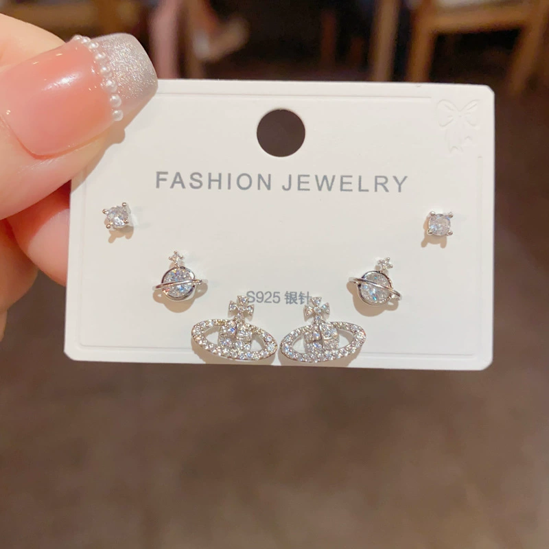 Серебряная игла, короткий цирконий, универсальные серьги, набор, образец серебра 925, микроинкрустация, японская и корейская стили, простой и элегантный дизайн, набор из 3 шт.