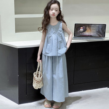 女童无袖棉麻套装夏季薄款2025新款儿童洋气韩系大童阔腿裤两件套