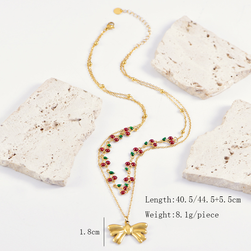 10g Weight PVD Coated Gold Plating Process PVD Coated Real Gold Plated Cherry Bow Knot Stainless Steel Sweet Waterproof Non Tarnish Titanium Steel Double Layer Necklaces