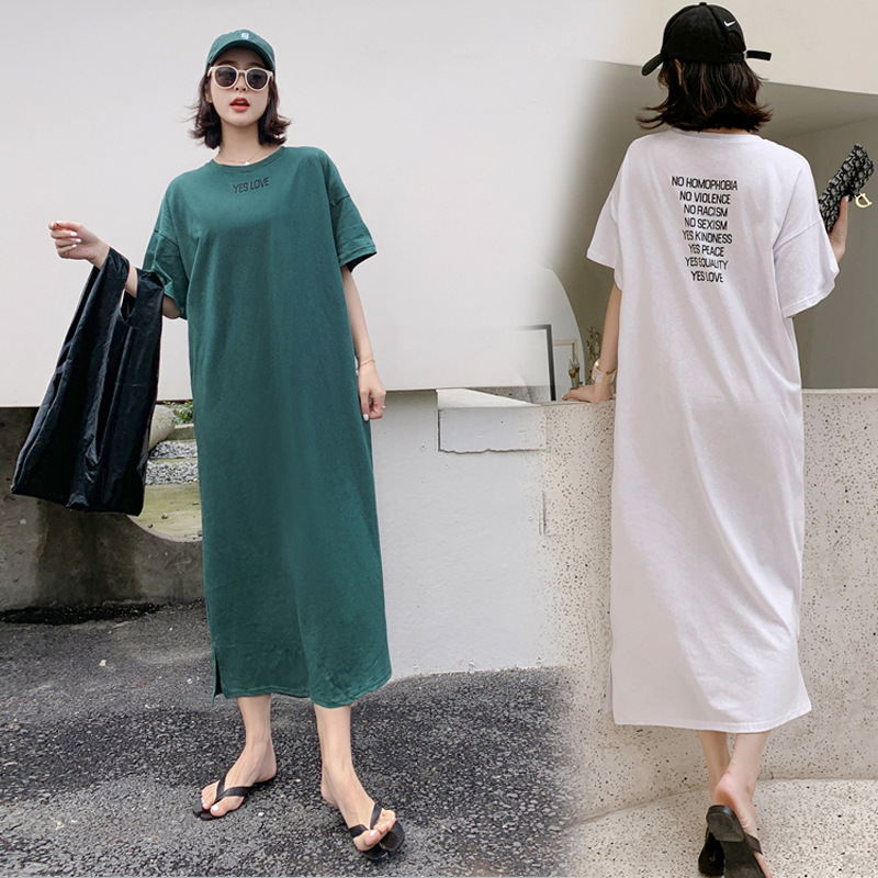 Korean Summer Loose Large Size Letter Slit T-Shirt Extra Long Knee-Length Dress Hooded Sweatshirt Long Skirt for Women