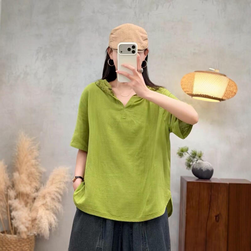 2026 Summer New Product Korean Style Loose Lace Splicing Hooded Short-Sleeved T-Shirt for Women Retro Casual Double Yarn Cotton Top