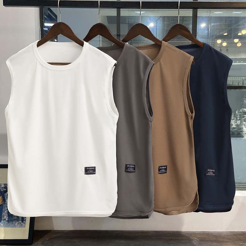 Men's Ice Silk Vest 2025 Summer New Sleeveless Wide Shoulder T-shirt Fitness Running Sports Loose T-shirt