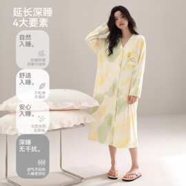 春秋新款紧赛纯棉女长袖开衫V领睡裙时尚休闲长裙女家居服图片色