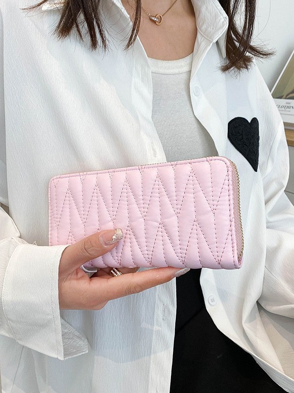 Trendencias nuevas carteras de mujer en Europa y América moda PU bordado línea larga bolso de mano color sólido monedero de gran capacidad monedero de cambio