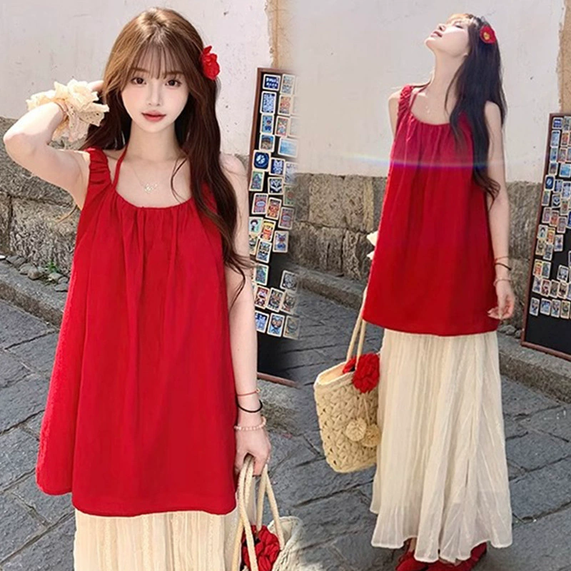 Маленькая беременная женщина красная шея без рукавов юбка топ юбка бюст летняя горячая мама ограничивает чувство высокого уровня