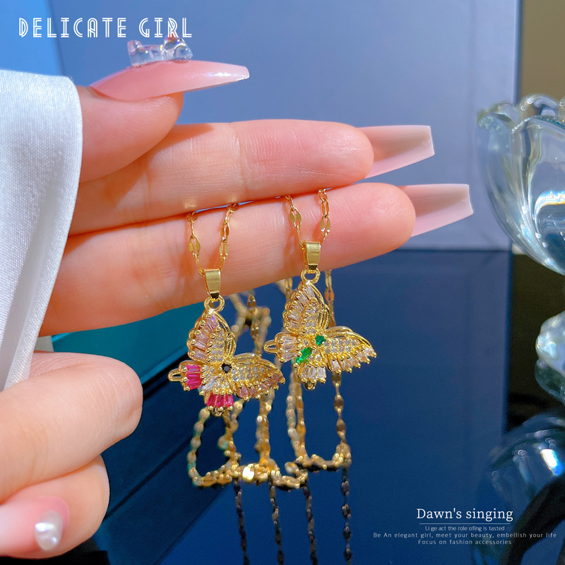 Ethnic Style Butterfly Titanium Steel Copper Inlay Zircon Pendant Necklace 1 Piece