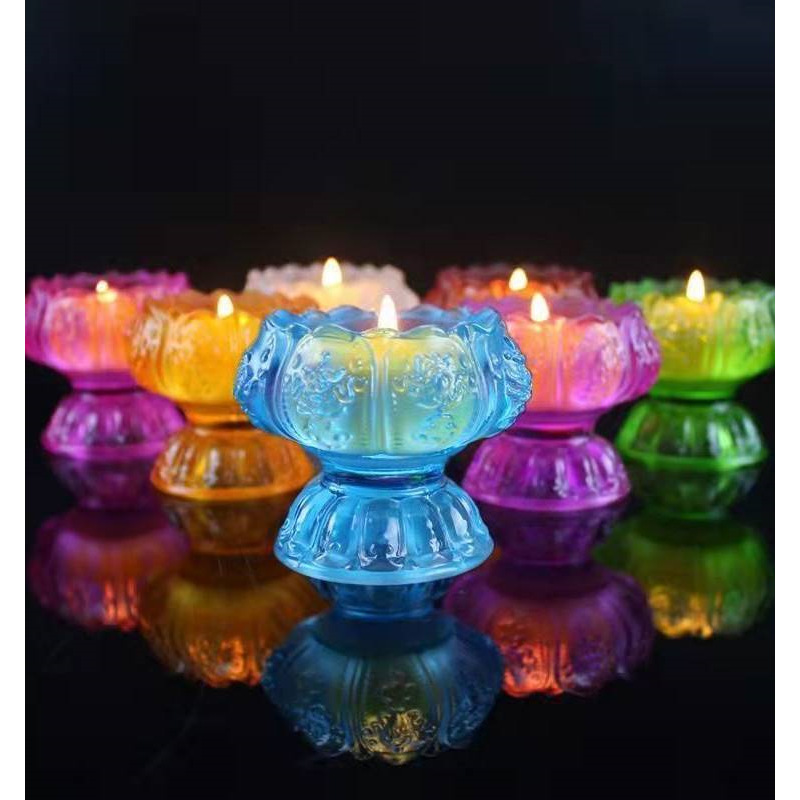 Butter Lamp Base Colorful Lotus Lamp Candle Holder Home Lamp for Buddha Front Shenglian Crystal Glass Pure Copper Long Bright Lamp Holder