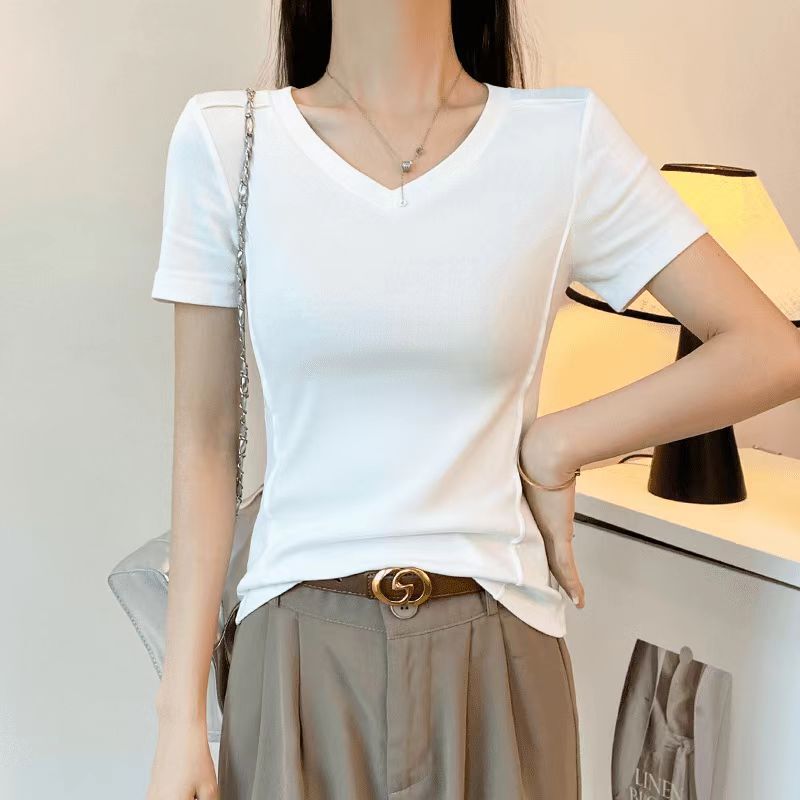 Explosions Solid Color V-neck Shoulder Fish Bone Short-sleeved Summer New Base Shirt Short-sleeved T-shirt for Women