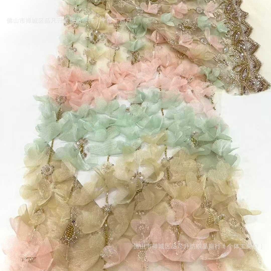 Flor de encaje vestido de boda tela de cola de tela de malla sequin bordado falda de tela de bordado de tubo de perlas de alta fijación
