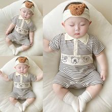 婴儿连体衣新款宝宝短袖哈衣新生儿衣服夏季薄款外出超萌条纹爬服