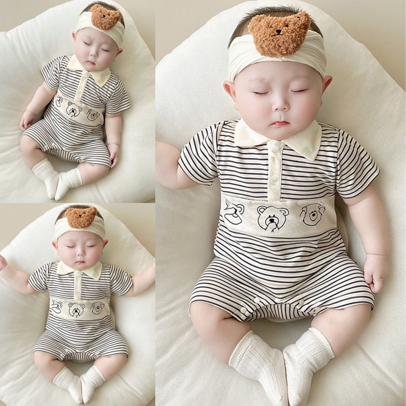 婴儿连体衣新款宝宝短袖哈衣新生儿衣服夏季薄款外出超萌条纹爬服