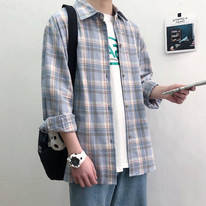 Plaid Shirt Men's Student Korean Style Loose Casual Long-sleeved Lapel Shirt for Couple Men's Trendy Thin Jacket