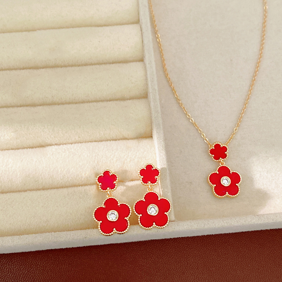 Collar de orejas de piedra de oro real, collar de orejas de flores de lujo ligero, collar de clavícula de nicho, conjunto de joyas simples y dulces.