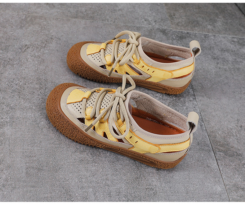 Sandal nữ da bò thật đục lỗ phong cách cổ điển buộc dây — màu vàng chi tiết 14