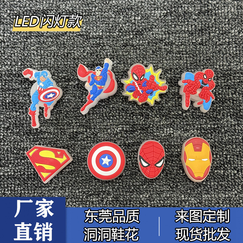 New Style Croc Shoe Flower Accessories Led Flashing Lights Superman Spider-Man Style Shoe Flower Charms Shoe Decorations New Style Croc Shoe Flower Accessories Led Flashing Lights Superman Spider-Man Style Shoe Flower Charms Shoe Decorations