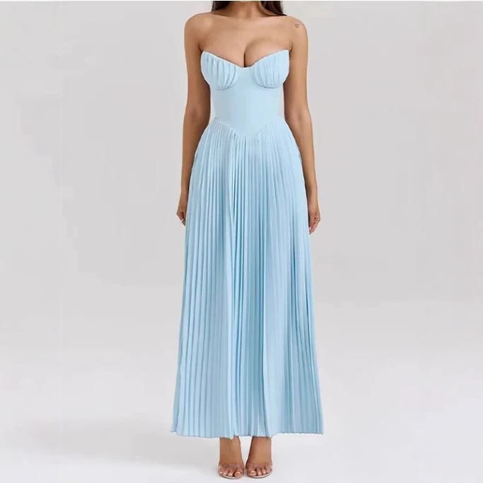 New 2025 Summer European and American Cross-border Fashion Elegant Strapless Sleeveless Pleated Fashion Sweet Strapless dress