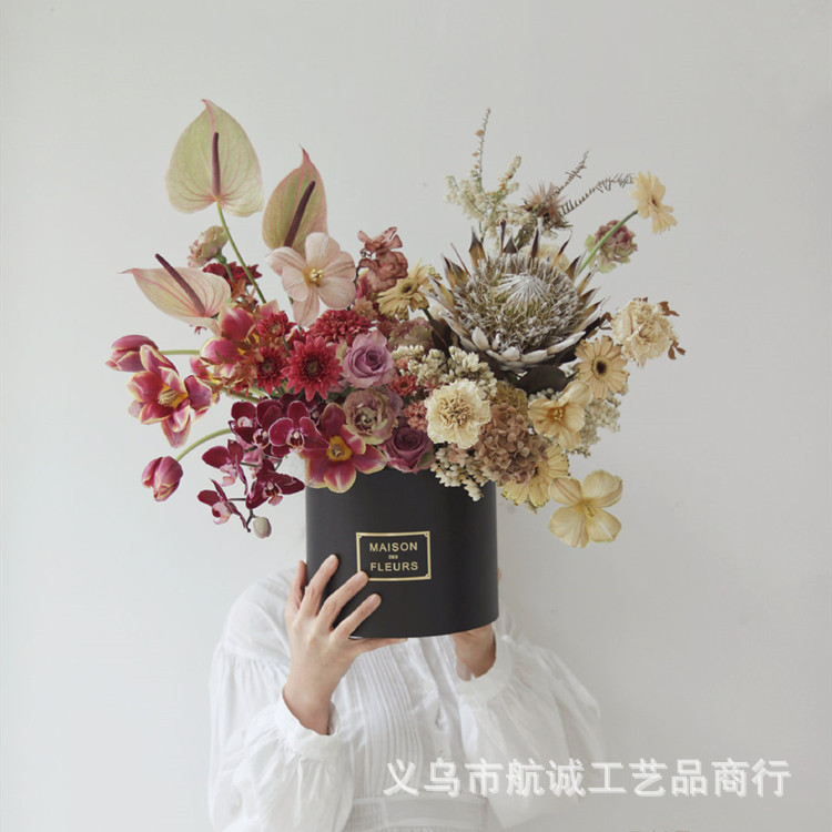 圆形纯色烫金FLOWER花店永生花包材用品手捧生日蛋糕礼物包装花盒