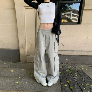 稚橘#机能风多口袋阔腿工装裤女宽松显瘦松弛感潮流百搭拖地长裤
