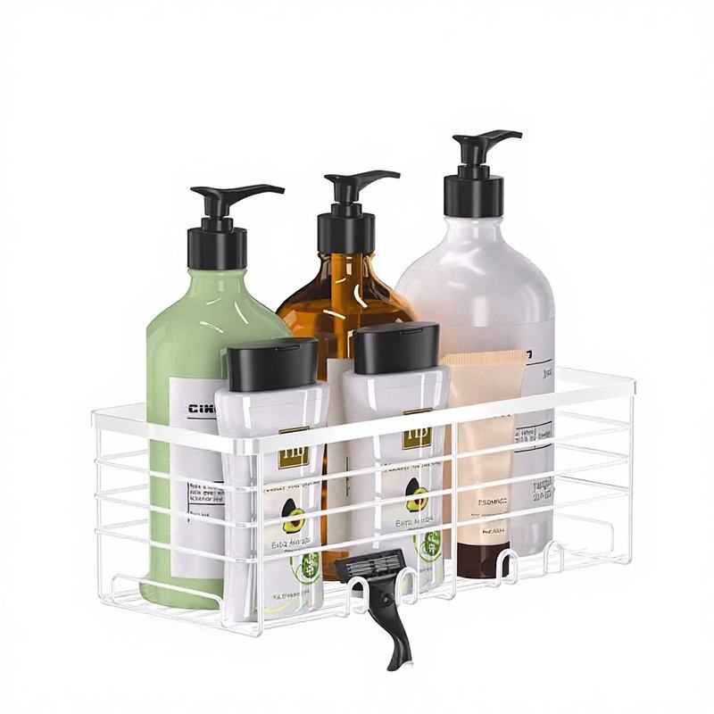 Single-Layer Metal Hanging Shower Storage Rack with Rotating Hooks (Non-Foldable) White