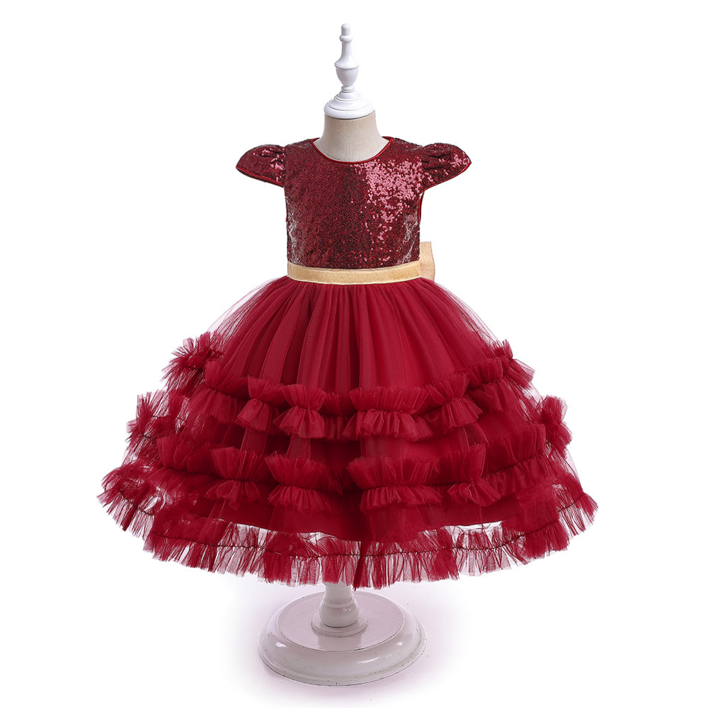 Europa y América nuevo vestido de los niños pequeños y medianos princesa vestido oído de madera con lentejuelas malla plisada pettiskirt pasarela show host
