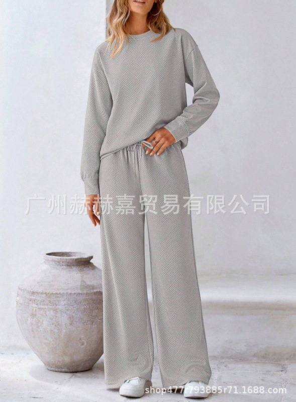 现货2025欧美宽松简约纯色休闲套装女秋冬季新款纹理抽绳运动装女|undefined
