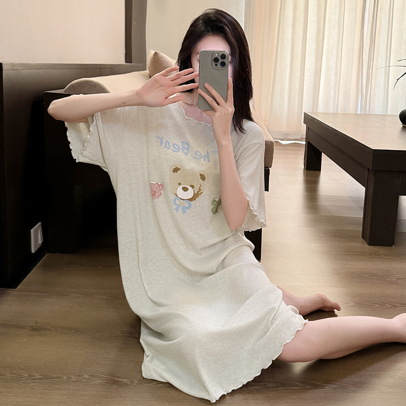 Pajamas Women's Summer Short-sleeved Modal Cyber Celebrity Cute Bear plus size Loose Mid-length Pregnant Women's Pajamas for Summer Foreign Trade