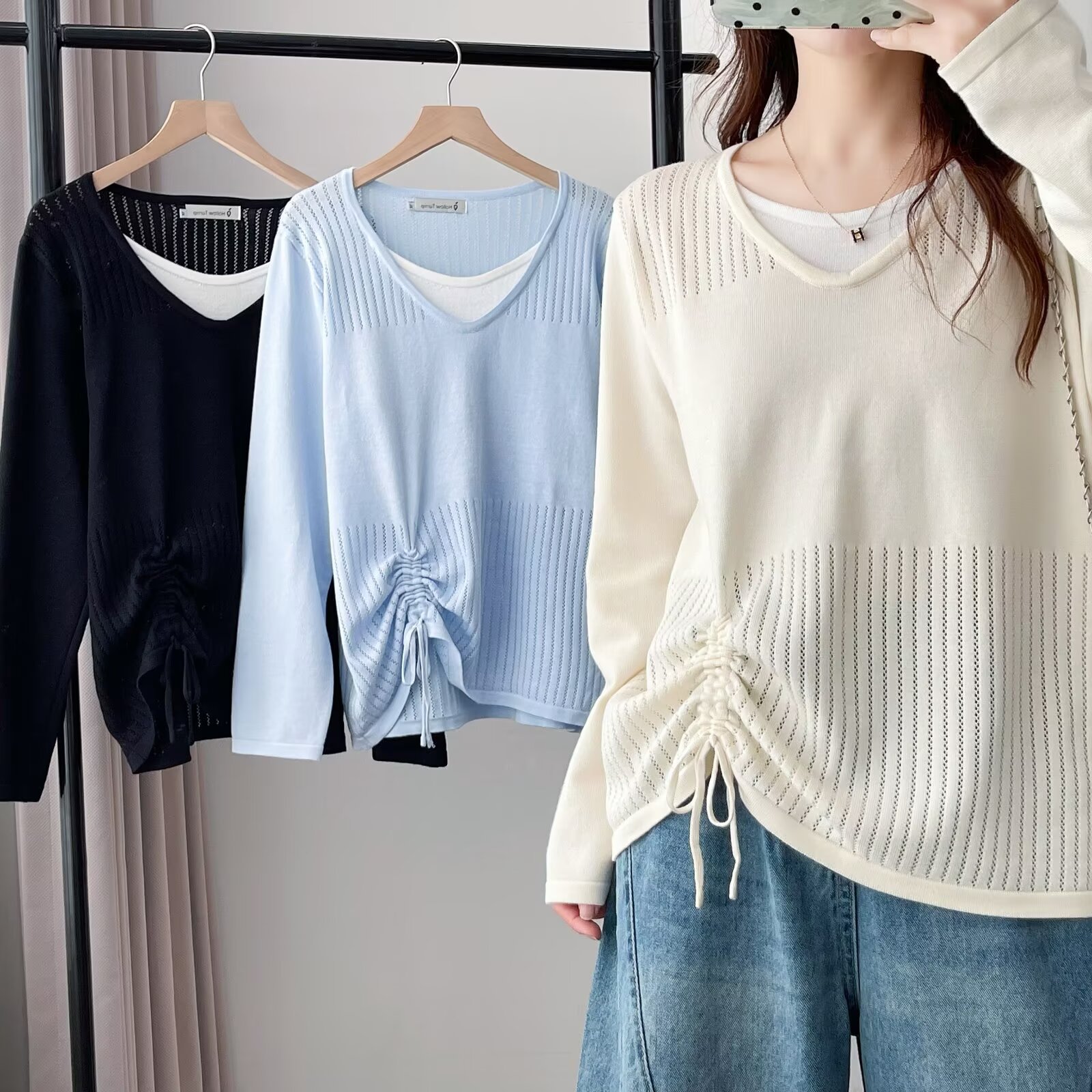 2026 Plus Size Early Autumn New Style Elegant Hollow Out Ruched Long Sleeve Knitted Sweater 100kg Fake Two-Piece for Plus Size Women 8076