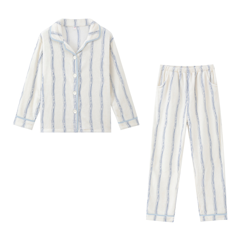 플란넬 남성과 여성의 가을, 겨울 간단한 가정복 스트라이프 가디건 커플 세트 두꺼운 따뜻한 잠옷 밖에서 착용 가능