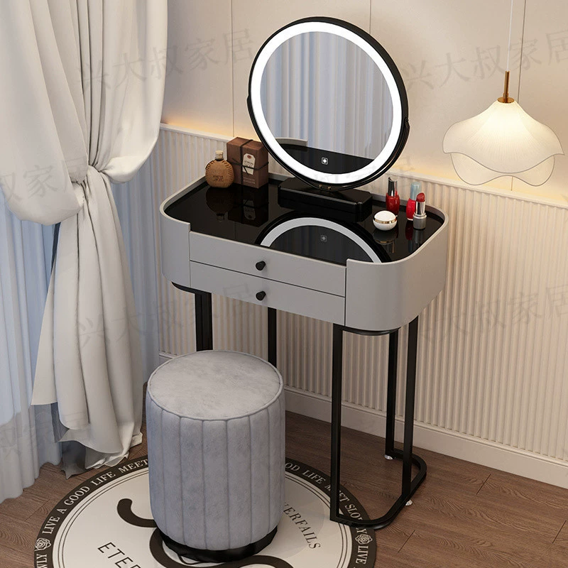 Dressing Table Vanity, Small Storage System with Round Mirror and Stool, Compact Bedroom Desk